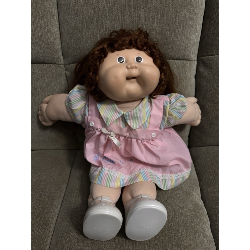 Vintage Cabbage Patch Kids Doll Brown Hair Brown Eyes Pink Striped Dress Shoes